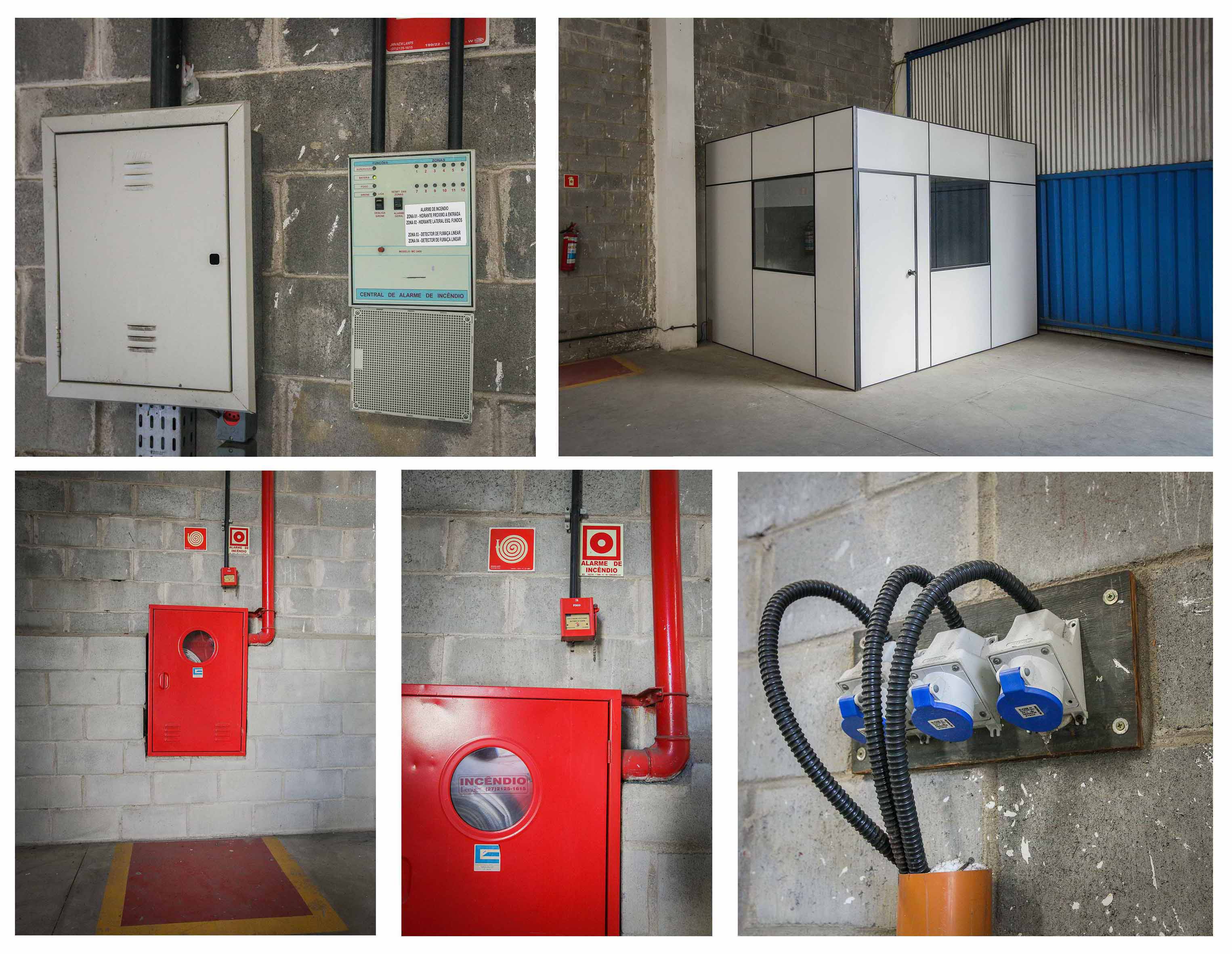 Detalhes da infraestrutura: quadro elétrico, guarita, abrigo de mangueira, central de alarme e tomadas industriais trifásicas